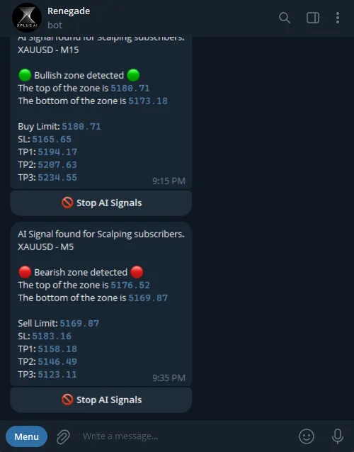 Renegade trade signal alerts with entry and target levels